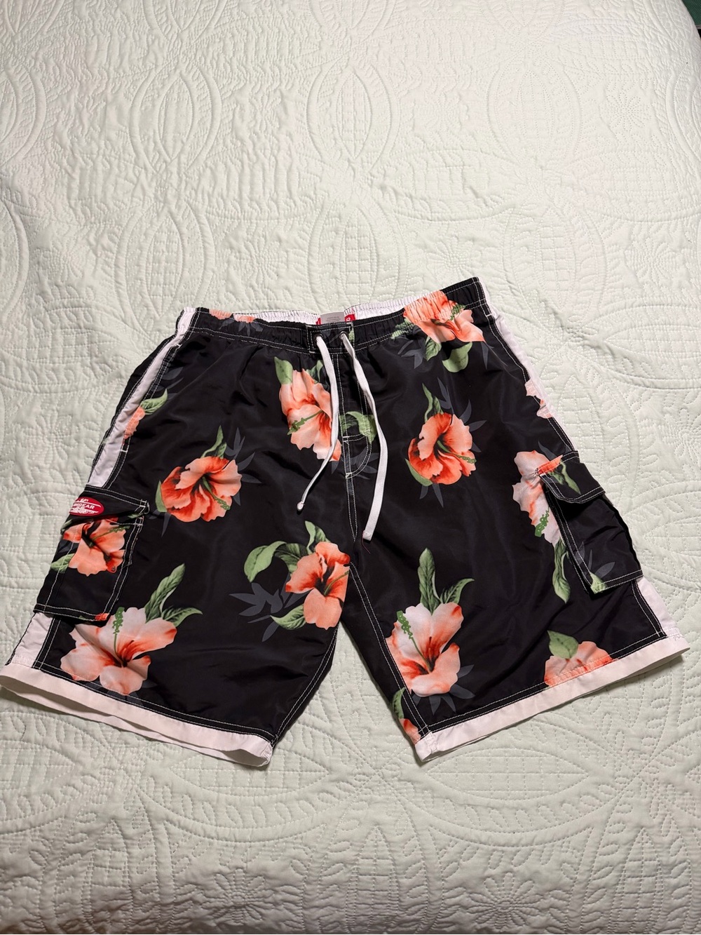 Ingear Black Floral Swim Trunks with Coral Flowers